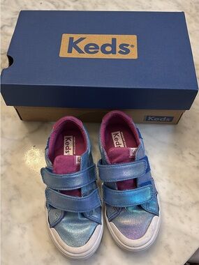Keds Kids Iridescent Blue Velcro Sneakers with Pink Lining